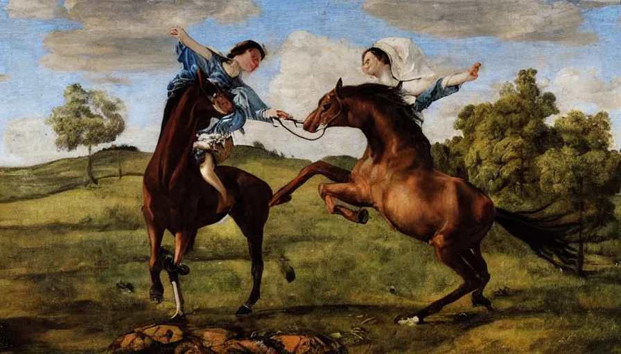 Prompt: pulling the iridescent horse Artax from a dreary swamp, in the style of Artemisia Gentileschi