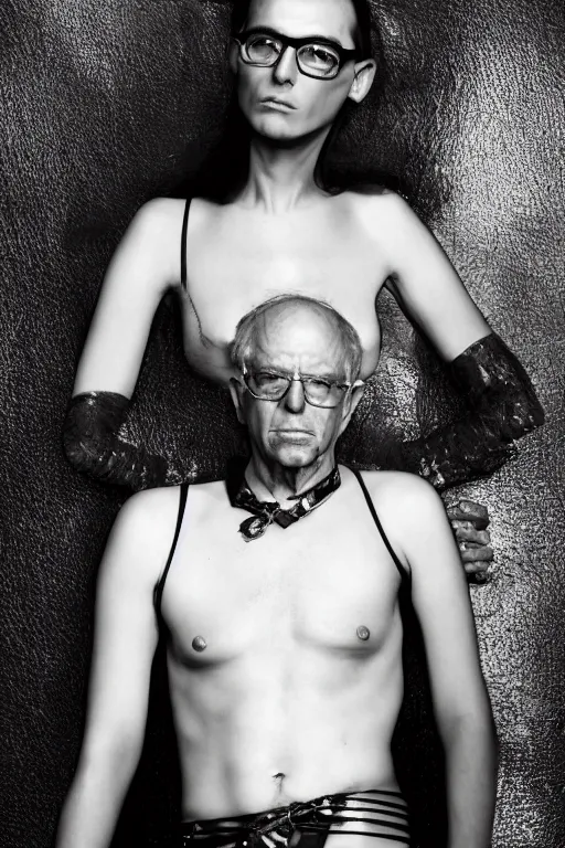 Image similar to a fashion photo portrait of Senator Bernie Sanders, fetish, leather, pvc, medium shot. In the style of Helmut newton, robert maplethorpe, Stefano Brunesci, Lachlan Bailey, Herb Ritts, Ellen Von Unwerth, Haris Nukem, Sardax, Annie Leibovitz. detailed photo, hd, 4k, trending on artstation, b&w, 35mm, f1.8