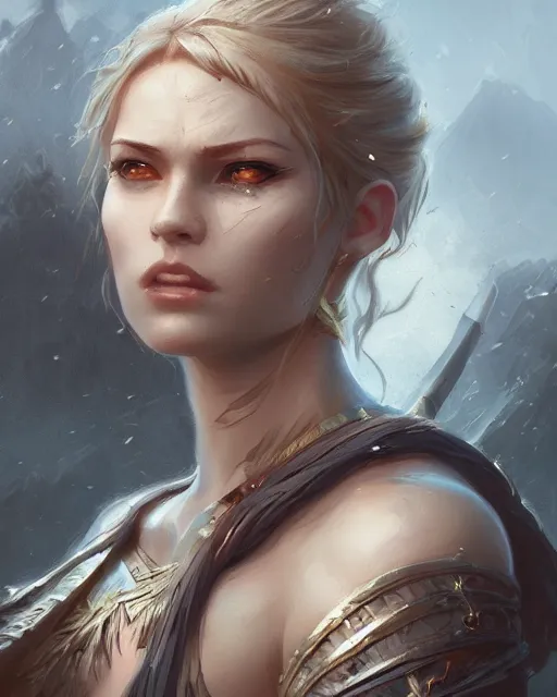 Image similar to A beautiful female warrior posing on a boat, beautiful face, highly detailed face, close-up, fantasy art, female art, in the style of greg rutkowski, illustration, epic, fantasy, intricate, hyper detailed, artstation, concept art, smooth, sharp focus, ray tracing