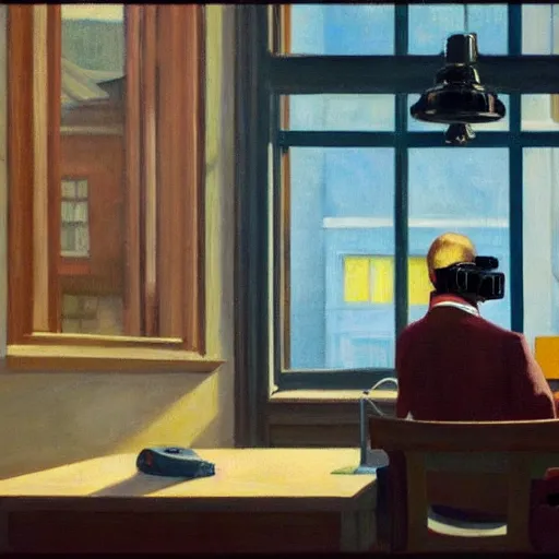 Prompt: A fine art painting of a man wearing Vr goggles at a desk through a window on a British street. In the style of Edward Hopper and Wes Anderson