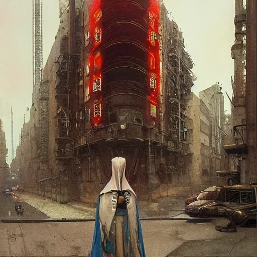 Image similar to portrait of masked cyberpunk scientist on the art deco streets of the Empire city, award-winning realistic sci-fi concept art by Beksinski, Bruegel, Greg Rutkowski, Alphonse Mucha, and Yoshitaka Amano