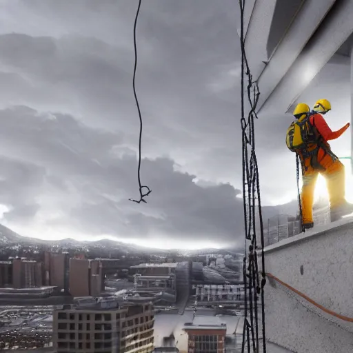 Image similar to rope access technician, extreme cold, cloudy weather, octane render, volumetric lightning, hyperrealistic, cgi, - q 2, 8 k