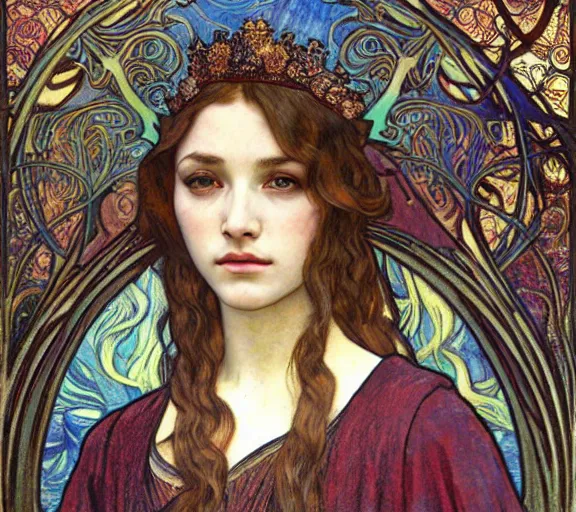 Image similar to detailed realistic beautiful young medieval queen face portrait by jean delville, alphonse mucha, vincent van gogh, and marco mazzoni, art nouveau, symbolist, visionary, gothic, pre - raphaelite