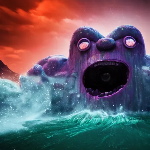 Prompt: the pain is splattered on the sad monster's green face while huge waves crash against him, water sprays into the air, moody dark purple sky, hints of red and yellow, fantasy, unreal engine