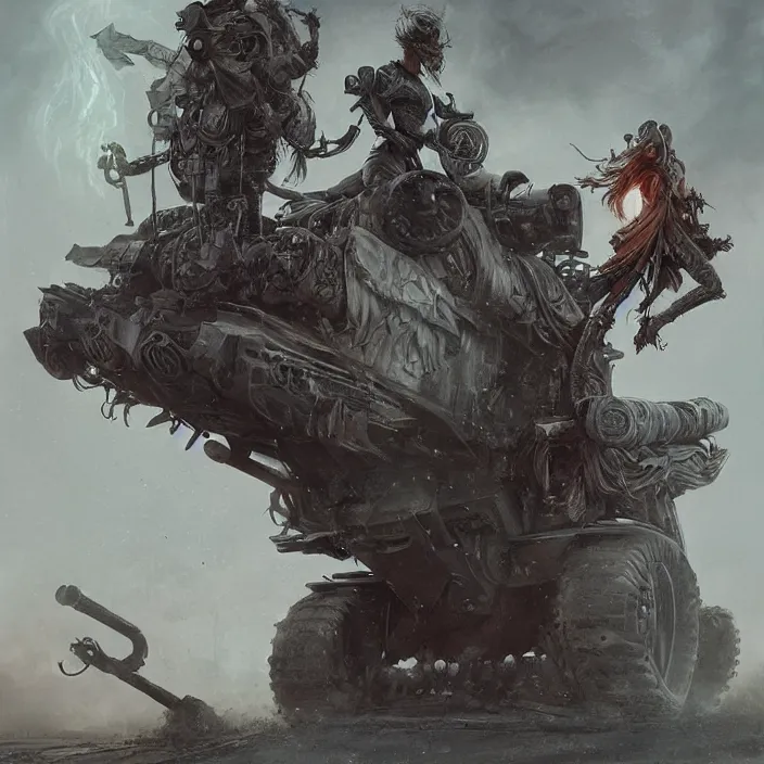 Image similar to beautiful apocalyptic woman in hooded cloak, standing on mad max panzer tank, hyper-detailed, smooth, sharp focus, 4k ultra hd, fantasy dark art, tank girl, artgerm, artstation, octane render, detailed digital painting, apocalyptic art, peter mohrbacher, Francis bacon