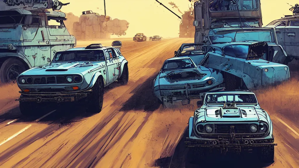 Image similar to digital illustration of mad max's fj 4 0 pursuit special, the last v 8 interceptor driving down a deserted cyberpunk highway in the middle of the day by studio ghibli, anime style year 2 0 9 3, by makoto shinkai, ilya kuvshinov, lois van baarle, rossdraws, basquiat