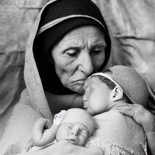 Image similar to dramatic film still of 80 year old sentimental Mediterranean skinned woman in ancient Canaanite clothing holding a newborn baby, crying, awe, love, ancient interior tent background, Biblical epic movie