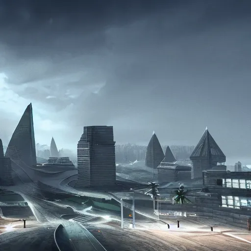 Image similar to realistic scene of concrete pyramid city , futuristic, 16:9, style of greig fraser, 4k, highly detailed, cinematic