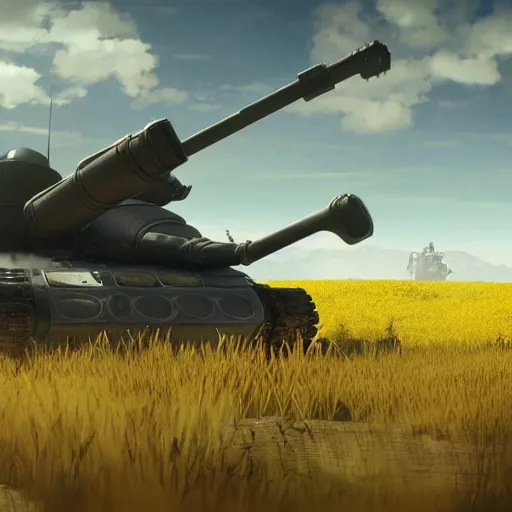 Image similar to a very high resolution image from nier : automata, featuring 9 s android fighting a t 3 4 tank in yellow rye field under pure blue skies