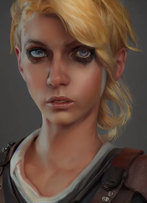 Image similar to An epic fantasy comic book style portrait painting of a young blonde thief, unreal 5, DAZ, hyperrealistic, octane render, cosplay, RPG portrait, dynamic lighting