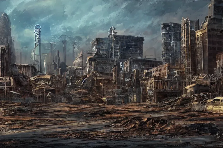 Image similar to Landscape of the nuclear wasteland of new orleans, down-town, city, concept art by Ray Lederer, fallout concept art, wallpaper, trending on art station