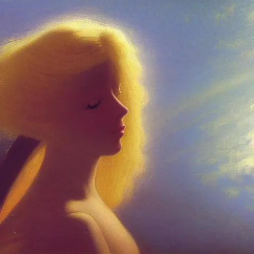 Image similar to a young woman's face, her hair is gold and she wears an cobalt blue satin cloak, by ivan aivazovsky and syd mead and moebius and gaston bussiere and roger dean and pieter claesz and paul delaroche and alma tadema and aelbert cuyp and jan eyck, hyperrealistic, volumetric light, octane render