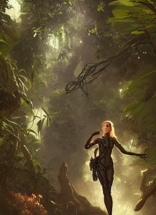 Image similar to a beautiful anatomically correct female sci-fi astronaut exploring a magical rain forest, D&D, fantasy, intricate, cinematic lighting, highly detailed, digital painting, artstation, concept art, smooth, sharp focus, illustration, art by Terry Moore and Greg Rutkowski and Alphonse Mucha