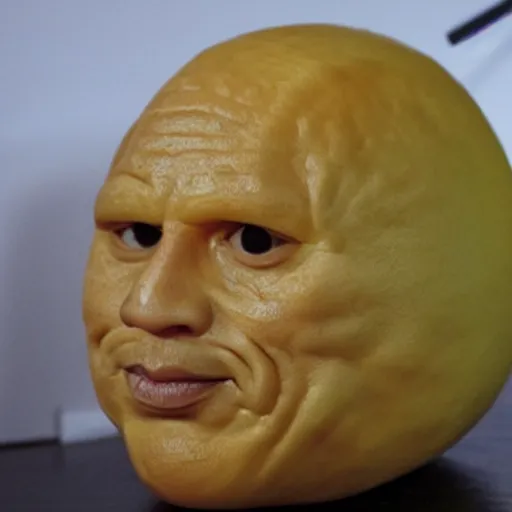 Image similar to a lemon sculpted in the shape of Dwayne Johnson's head