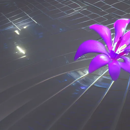 Image similar to a futuristic, cybertronic lily flower, metallic and reflective, unreal engine