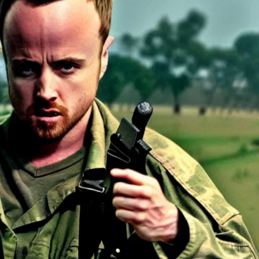 Image similar to jesse pinkman from breaking bad in the vietnam war, 4 k, hyper realistic