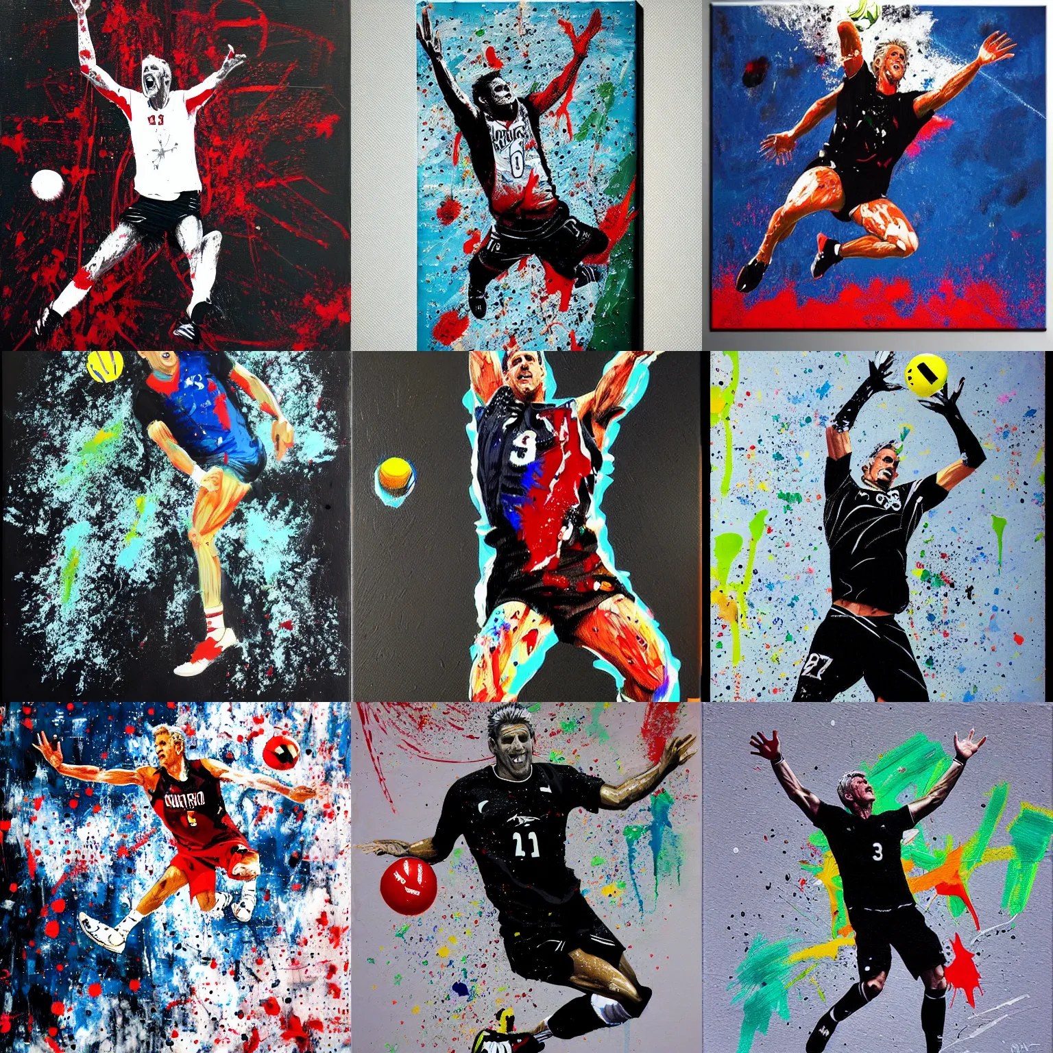 Prompt: karch kiraly, mid air, jump - serve, acrylic on canvas, realistic, splattered paint, black background, trending on artstation