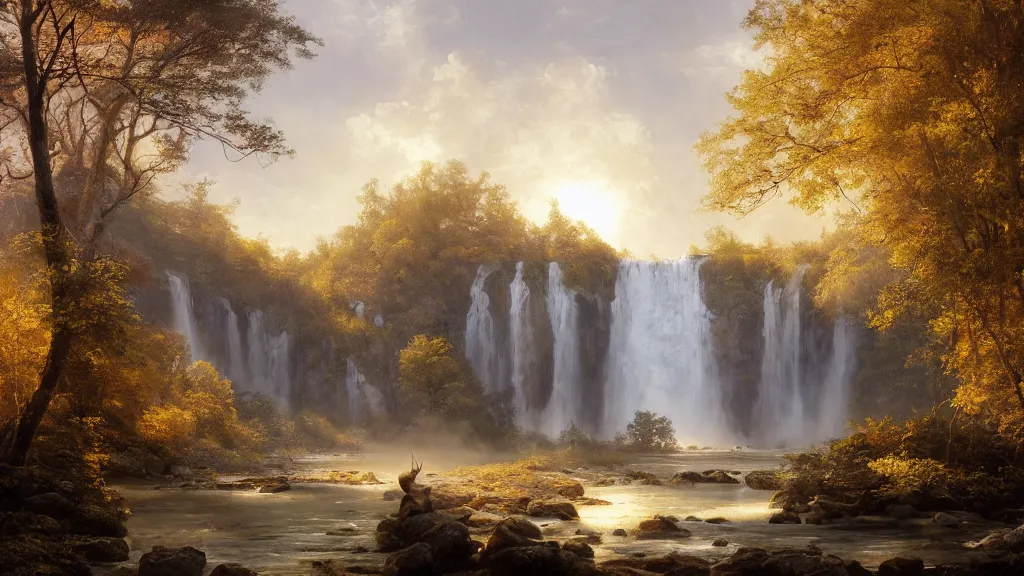Image similar to the most beautiful panoramic landscape, oil painting, where a giant dreamy waterfall creates a river, the trees around are starting to bloom in yellow colors, a majestic deer is in close - up and it is exhaling steam, the ray lights of the sunrise are brightening him, by greg rutkowski