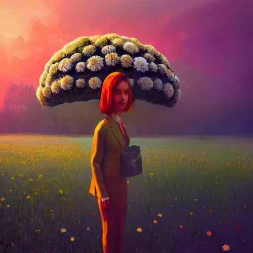 Image similar to giant daisy flower head, frontal, girl in a suit, surreal photography, sunrise, dramatic light, impressionist painting, digital painting, artstation, simon stalenhag