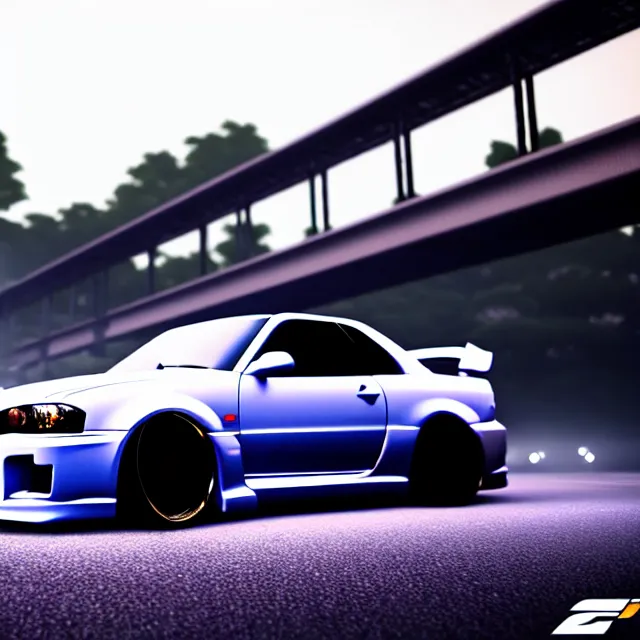 Image similar to a car R34 twin turbo drift at illegal car meet, Kanagawa prefecture, city midnight mist lights, cinematic lighting, photorealistic, highly detailed wheels, high detail