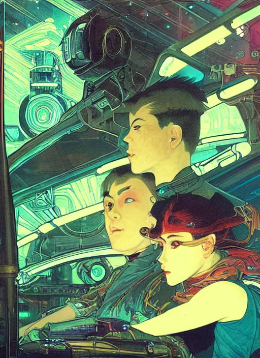 Image similar to portrait of a cyborg boy and a cyborg girl inside a car in the middle of futuristic tokyo at night. diffuse neon light, dramatic landscape, fantasy illustration, matte painting by mucha