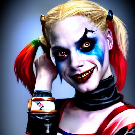 Image similar to Harley Quinn from the suicide squad, portrait, playful, fantasy, medieval, beautiful face, vivid colrs, elegant, concept art, sharp focus, digital art, Hyper-realistic, 4K, Unreal Engine, Highly Detailed, HD, Dramatic Lighting by Brom, trending on Artstation