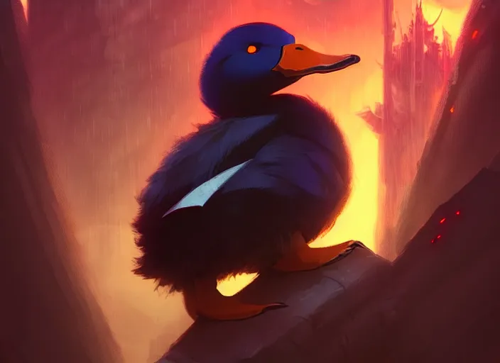 Image similar to cute fluffy mallard duck with vampire fangs wearing red cultist robe, details, cyberpunk, epic, sacrificial altar, landscape illustration concept art anime key visual trending pixiv fanbox by wlop and greg rutkowski and makoto shinkai and studio ghibli and kyoto animation symmetrical facial features