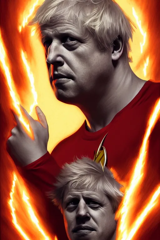 Image similar to Boris Johnson as Flash by Zack Snyder, realistic portrait, symmetrical, highly detailed, digital painting, artstation, concept art, smooth, sharp focus, illustration, cinematic lighting, art by artgerm and greg rutkowski and alphonse mucha