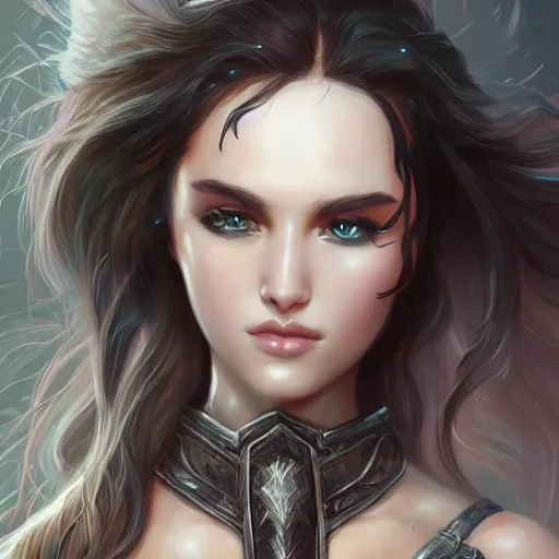 Image similar to warrior girl in bikini armor, long black hair, gorgeous round face, amazing, elegant, intricate, highly detailed, digital painting, artstation, concept art, sharp focus, illustration, art by ross tran