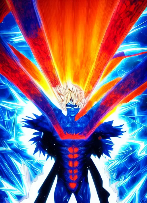 Image similar to Cyber Ultra Instict Goku Portrait, Smooth Digital Artwork, Fractal Chaos Background, Rendered in Maya, Hyperdetailed, Cinematic Shot, in style of Kentaro Miura