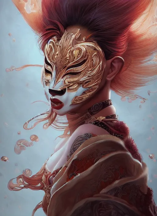 Image similar to a beautiful detailed oil on copper art illustration of a japanese kitsune mask woman, centered, by charlie bowater, zeng fanzh, trending on artstation, dim dusk lighting, cinematic lighting, detailed lighting, volumetric lighting, realistic, f 8, 4 k hd wallpaper