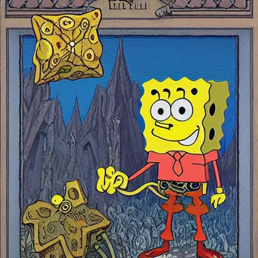 Prompt: spongebob roundpanrs portrait by rebecca guay in the style of a full sized magic the gathering art piece