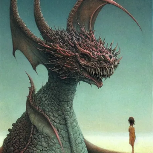Prompt: A cute dragon girl by Beksinski
