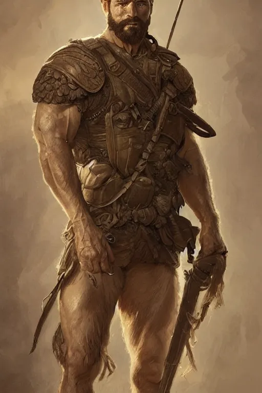 Image similar to portrait of a rugged ranger, muscular, handsome, upper body, hairy torso, D&D, fantasy, intricate, elegant, highly detailed, digital painting, artstation, concept art, smooth, sharp focus, illustration, art by artgerm and Greg Rutkowski and Alphonse Mucha