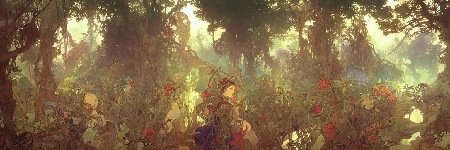 Prompt: A beautiful painting of a utopian garden and forest steampunk landscape by Alfons Maria Mucha and Julie Dillon and Makoto Shinkai