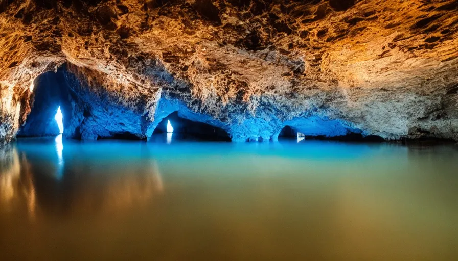 Image similar to Blue cave during the night, blue water, reflections ,moon light, incredible lighting, 4k photography award winning,