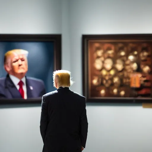 Prompt: trump watching a cyborg trump exhibition in a museum, studio lighting, photography, highly detailed, 4 k,