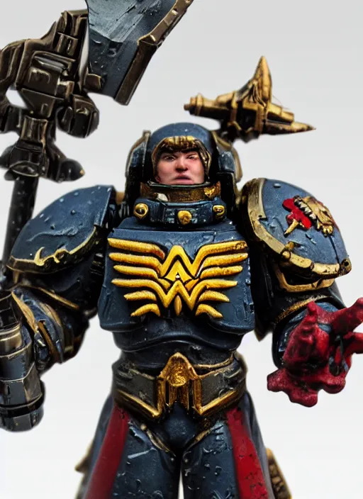 Image similar to 8 0 mm resin detailed miniature of a warhammer 4 0 k space marine with wonder woman armor, product introduction photos, 4 k, full body,