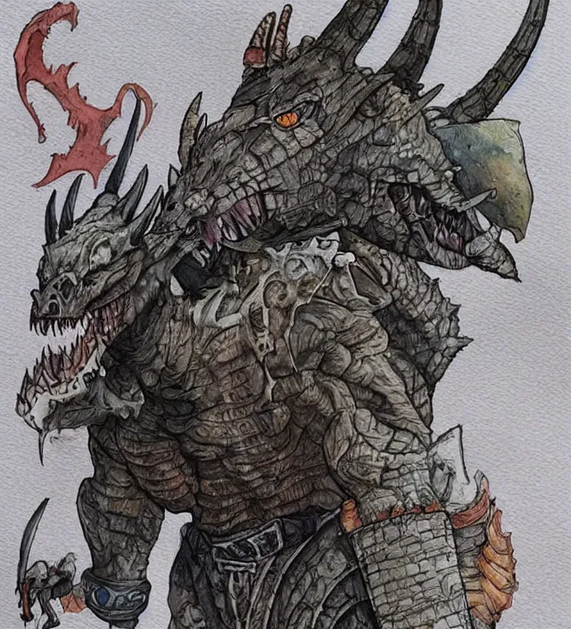 Image similar to a 3 / 4 view watercolor ink painting of dragon / deathclaw hybrid dressed as a raider / bandit in the style of jean giraud in the style of moebius trending on artstation deviantart pinterest detailed realistic hd 8 k high resolution