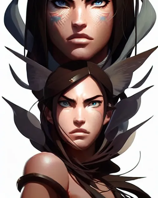 Image similar to azctec warrior, megan fox, detailed perfect face, exquisite details, fire magic, mid view, design on a white background, by studio muti, greg rutkowski makoto shinkai takashi takeuchi studio ghibli