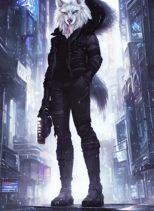 Prompt: award winning beautiful portrait commission art of a muscular male furry anthro albino wolf fursona with a tail and a cute beautiful attractive detailed furry face wearing black stylish cyberpunk pants and boots in a cyberpunk city at night while it rains. Character design by charlie bowater, ross tran, artgerm, and makoto shinkai, detailed, inked, western comic book art
