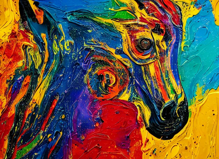 Prompt: abstract expressionist mid shot portrait of a horse made of very thick impasto paint and acrylic pour and coloured powder explosion and splashing paint and dripping paint and flying paint chunks, eyes closed or not visible, expressing strong emotions, motion blur, hyperrealistic, intricate art photography, anatomically correct, realistic crisp textures, 1 6 k