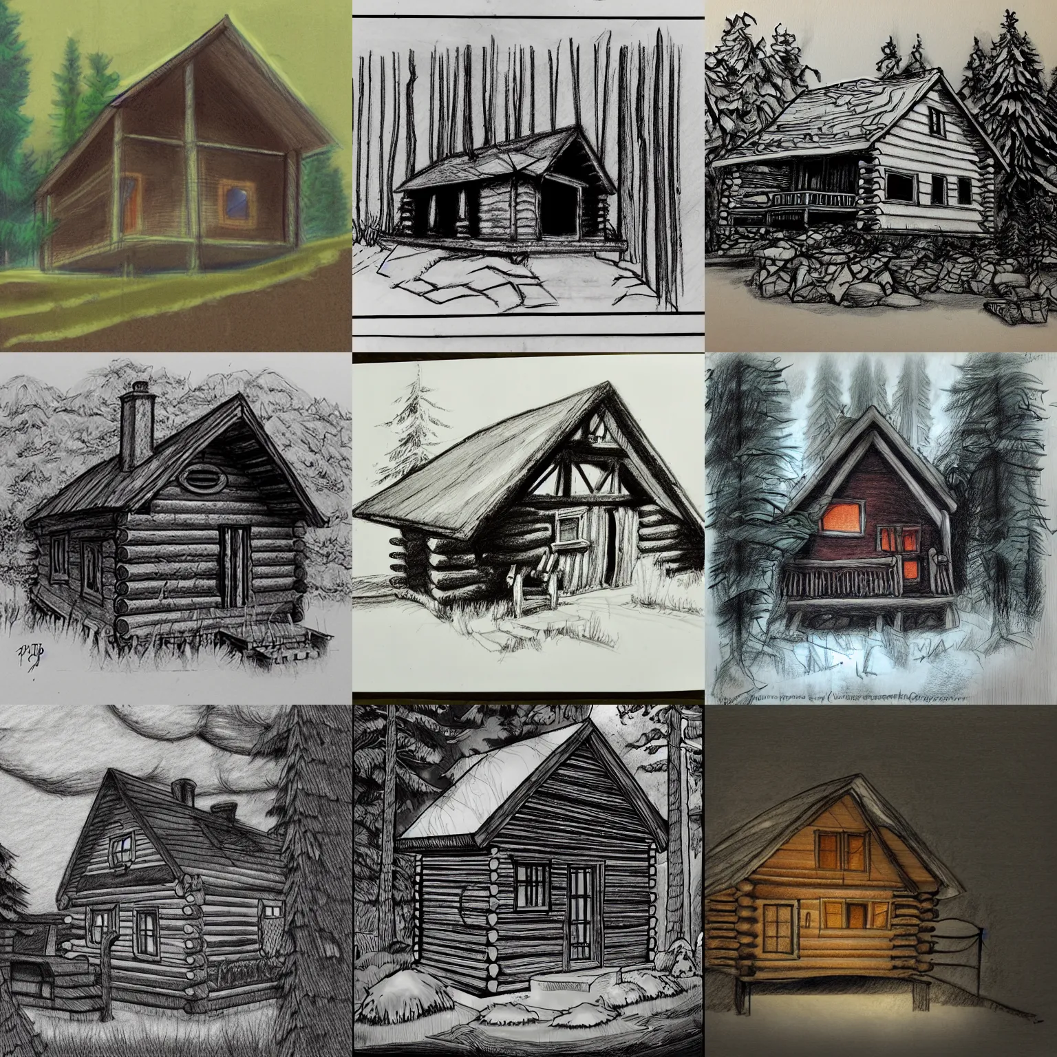 Prompt: cabin in the woods, sketch