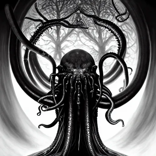 Image similar to Vicariously I, live while the whole world dies, ultra realist soft painting of the world of Lovecraft Elden Ring and Giger, gigantic oily tentacles and eyes, very intricate details, ultra dense fog, golden ratio, volumetric black and white lighting, reflections, refractions, symmetry accurate anatomy features, octane render