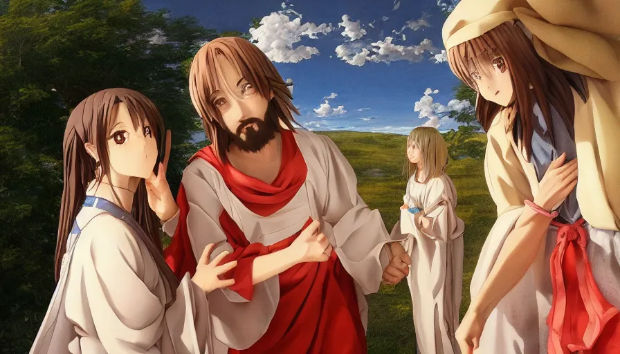 Image similar to jesus christ our lord and savior blessing a cute anime girl, photorealistic, anime, mini skirt, renaissance painting, hyper real, detailed, wide angle shot