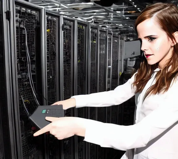 Image similar to emma watson smashing computer server, data center, closeup detailed