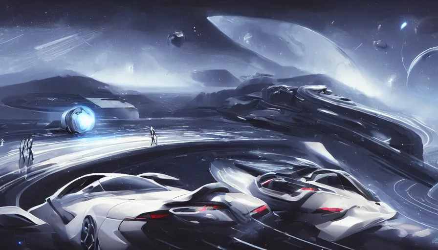 Image similar to white and royal blue luxurious concept sportscar driving down on a luxurious road on interstellar solar system with nearby planets seen from the distance, advanced highway, star trek style, by peter mohrbacher, jeremy mann, francoise nielly, android james, ross tran, beautiful, award winning scenery, 8 k quality, clean details, serene, sakura season