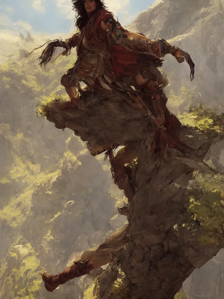 Prompt: oil art close - up portrait of one single young roma mage adventurer climbing down a cliffside in style of disco elysium character, gipsy jester character design from ravenloft, art by anders zorn, wonderful masterpiece by greg rutkowski, beautiful cinematic light, american romanticism by greg manchess, jessica rossier