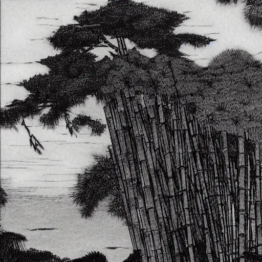 Prompt: photorealistic creepy demonic building disk osprey creek spice bamboo tree , by Katsushika Hokusai and George Inness and Paul Cezanne , 20 megapixels , storybook illustration , charcoal drawing