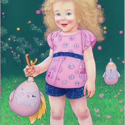 Image similar to a beautiful [[[[[happy]]]]] little blonde toddler girl with short loosely curly hair, at the park on a beautiful day, holding a round all-pink stuffed penguin, by Dan Mumford, Junji Murakami, Mucha Klimt, Hiroshi Yoshida and Craig Mullins, featured on Artstation, CGSociety, Behance HD, Deviantart